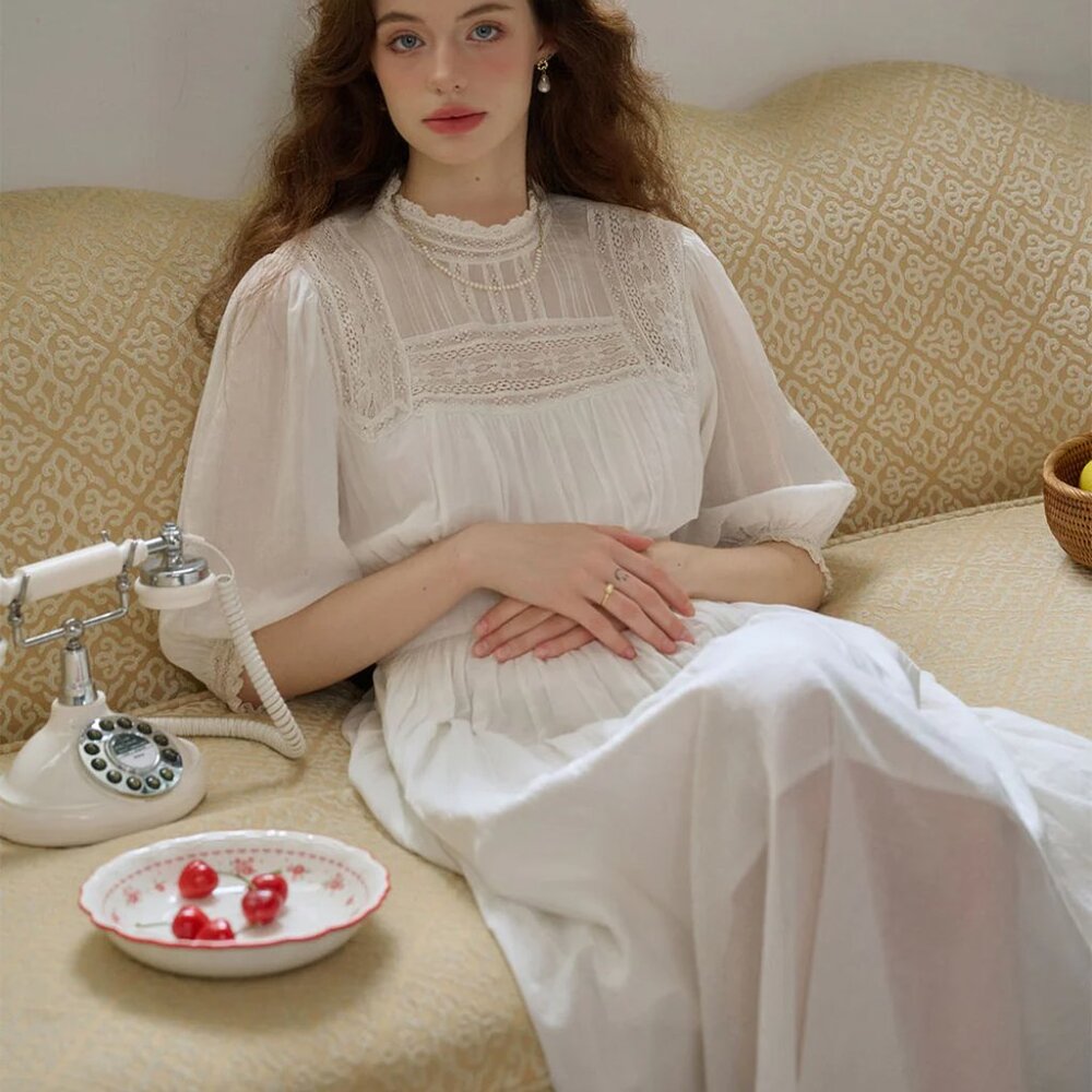 Simply Retro - Averie Lace Panel White Cotton Dress - Picture 4 of 5